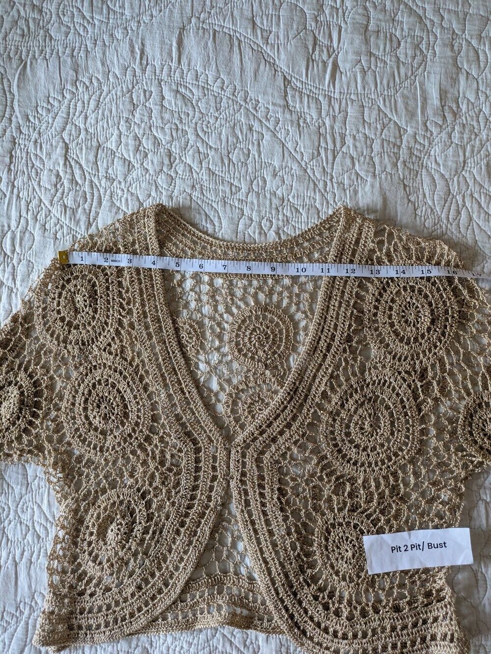 Crochet Bolero SZ M Gold Crop 3/4 Sleeve Festival Boho Fairy Cottage Coachella - Picture 9 of 13